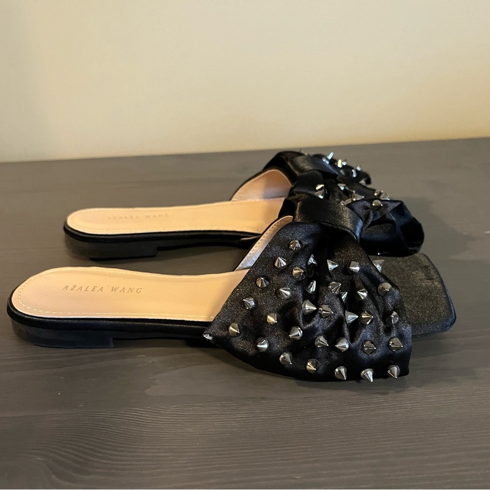 Azalea Wang Studded Bow Square Toe Slides New - image 4
